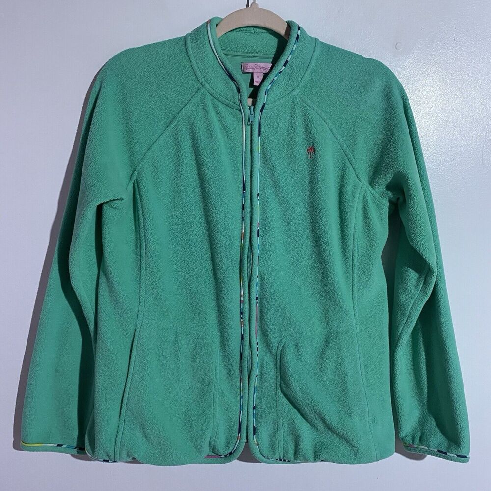 Lilly Pulitzer Jacket Small Turquoise Fleece Multicolor Trim Outdoor Fall Zip Up
